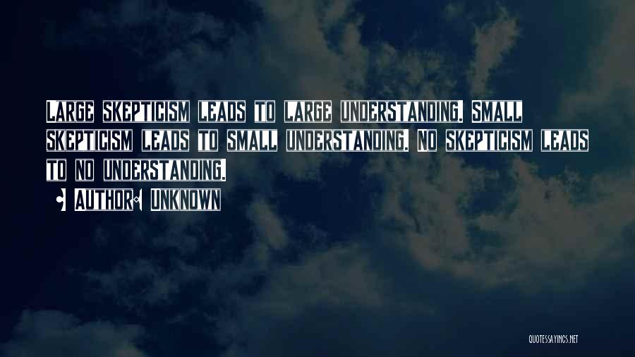 Unknown Quotes: Large Skepticism Leads To Large Understanding. Small Skepticism Leads To Small Understanding. No Skepticism Leads To No Understanding.