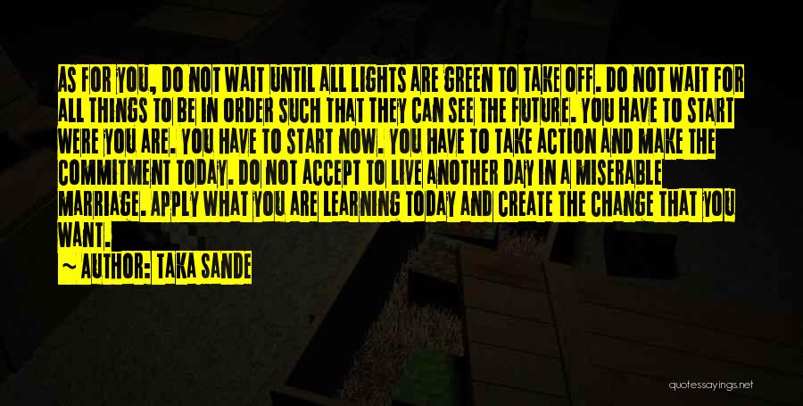 Taka Sande Quotes: As For You, Do Not Wait Until All Lights Are Green To Take Off. Do Not Wait For All Things