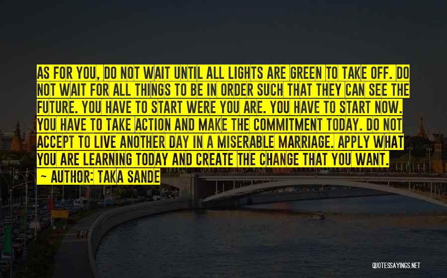 Taka Sande Quotes: As For You, Do Not Wait Until All Lights Are Green To Take Off. Do Not Wait For All Things