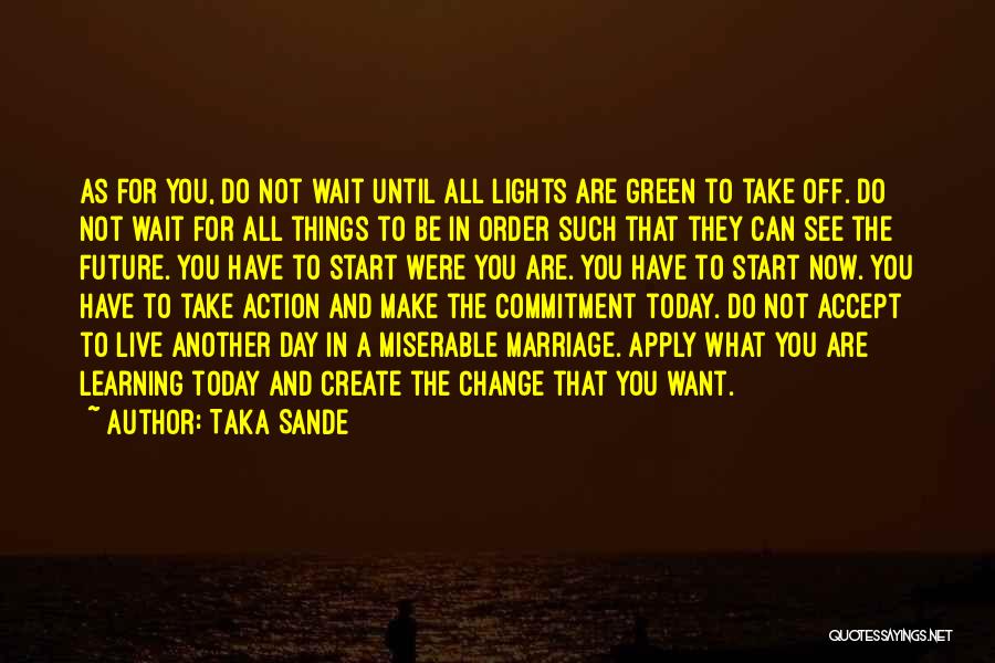 Taka Sande Quotes: As For You, Do Not Wait Until All Lights Are Green To Take Off. Do Not Wait For All Things