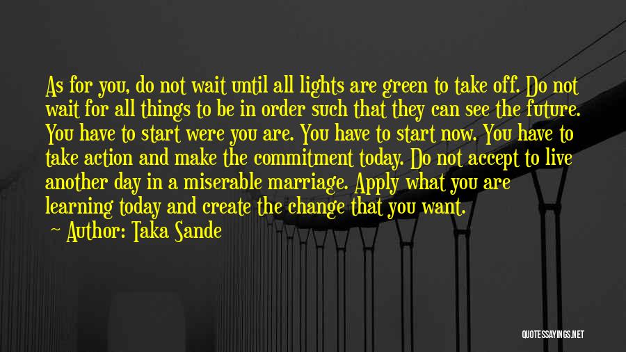 Taka Sande Quotes: As For You, Do Not Wait Until All Lights Are Green To Take Off. Do Not Wait For All Things