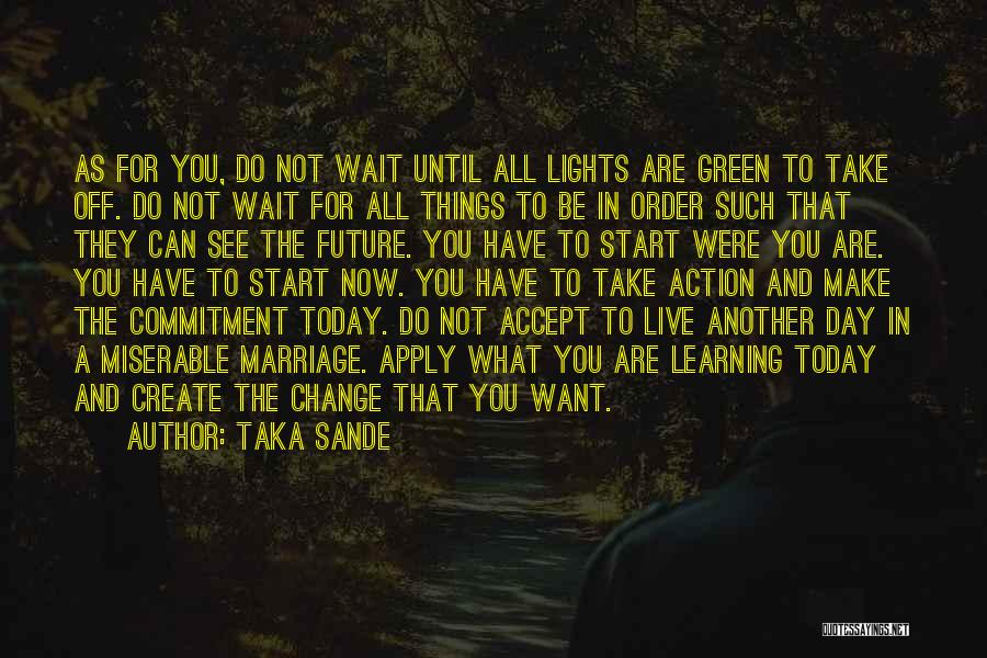 Taka Sande Quotes: As For You, Do Not Wait Until All Lights Are Green To Take Off. Do Not Wait For All Things