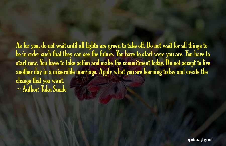 Taka Sande Quotes: As For You, Do Not Wait Until All Lights Are Green To Take Off. Do Not Wait For All Things