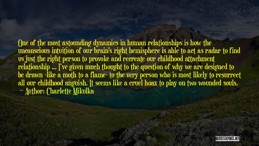 Charlette Mikulka Quotes: One Of The Most Astounding Dynamics In Human Relationships Is How The Unconscious Intuition Of Our Brain's Right Hemisphere Is