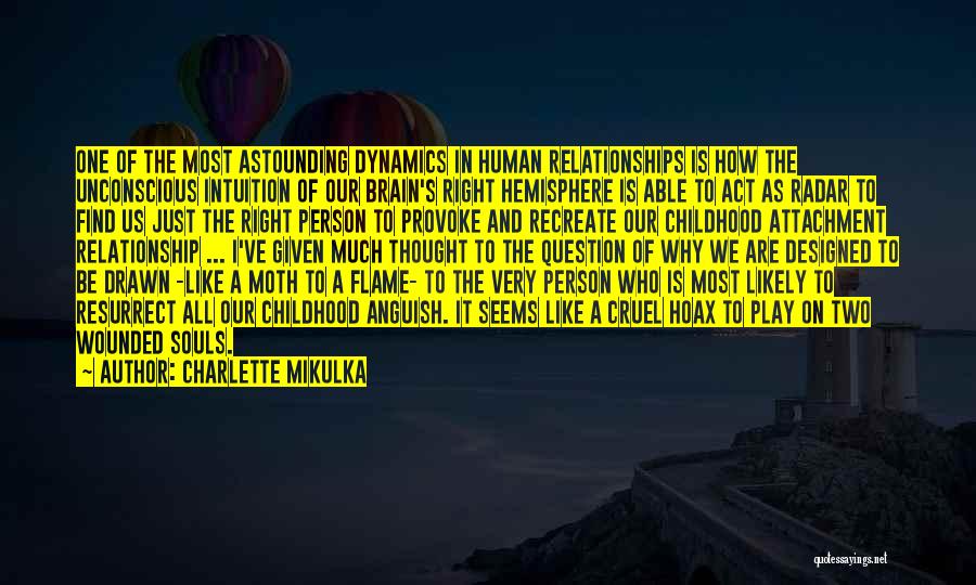 Charlette Mikulka Quotes: One Of The Most Astounding Dynamics In Human Relationships Is How The Unconscious Intuition Of Our Brain's Right Hemisphere Is