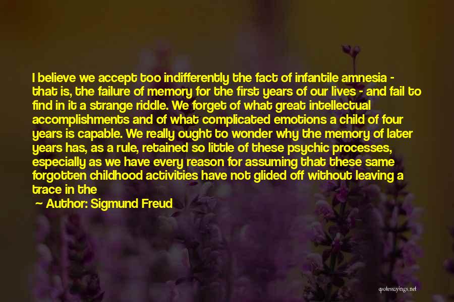 Sigmund Freud Quotes: I Believe We Accept Too Indifferently The Fact Of Infantile Amnesia - That Is, The Failure Of Memory For The