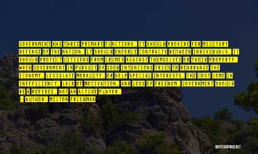 Milton Friedman Quotes: Government Has Three Primary Functions. It Should Provide For Military Defense Of The Nation. It Should Enforce Contracts Between Individuals.
