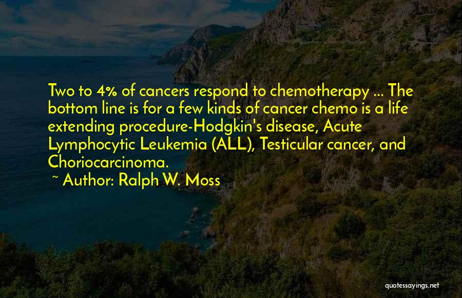 Ralph W. Moss Quotes: Two To 4% Of Cancers Respond To Chemotherapy ... The Bottom Line Is For A Few Kinds Of Cancer Chemo