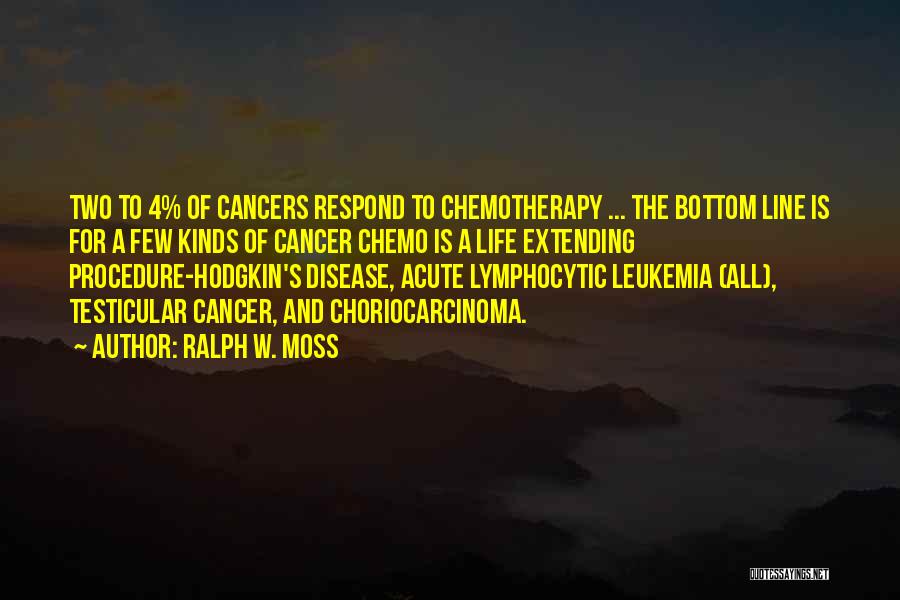 Ralph W. Moss Quotes: Two To 4% Of Cancers Respond To Chemotherapy ... The Bottom Line Is For A Few Kinds Of Cancer Chemo