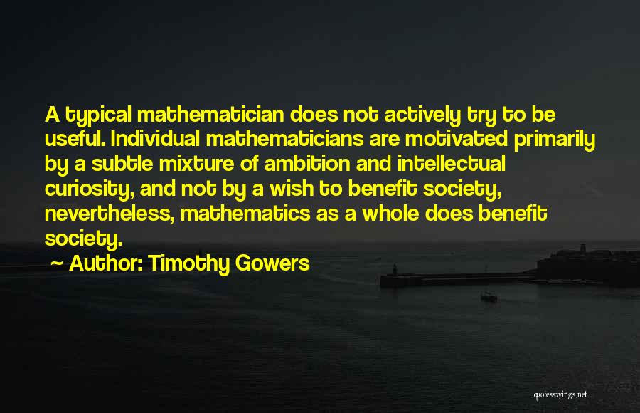 Timothy Gowers Quotes: A Typical Mathematician Does Not Actively Try To Be Useful. Individual Mathematicians Are Motivated Primarily By A Subtle Mixture Of