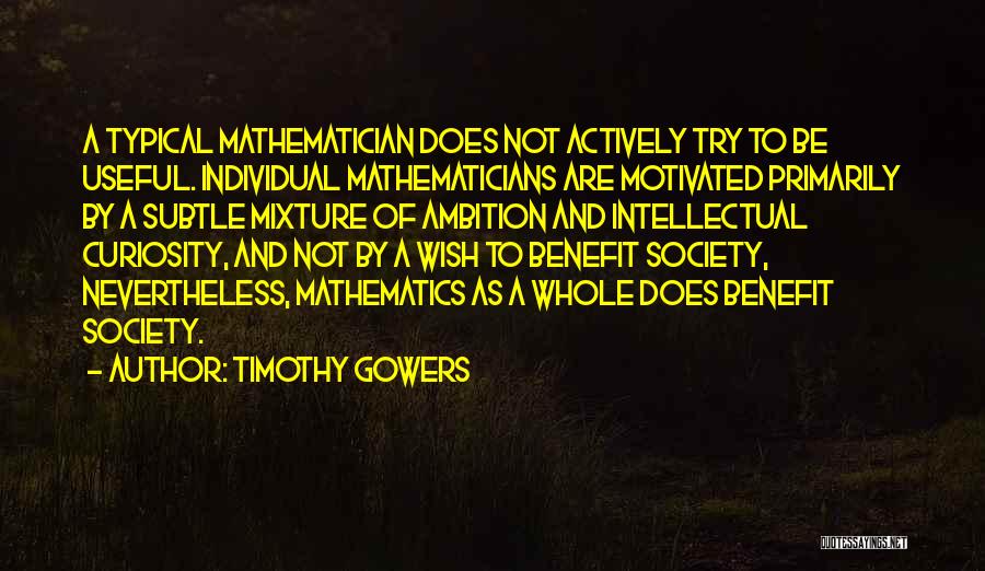 Timothy Gowers Quotes: A Typical Mathematician Does Not Actively Try To Be Useful. Individual Mathematicians Are Motivated Primarily By A Subtle Mixture Of