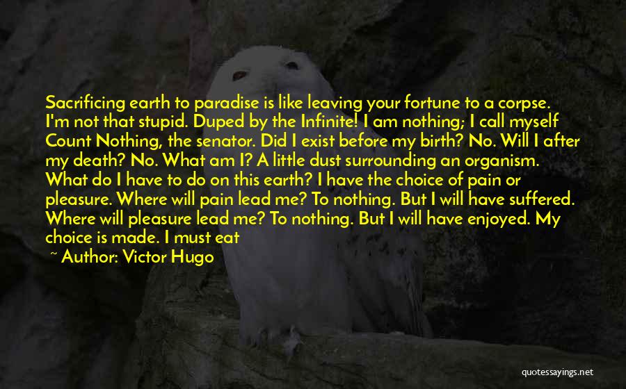 Victor Hugo Quotes: Sacrificing Earth To Paradise Is Like Leaving Your Fortune To A Corpse. I'm Not That Stupid. Duped By The Infinite!