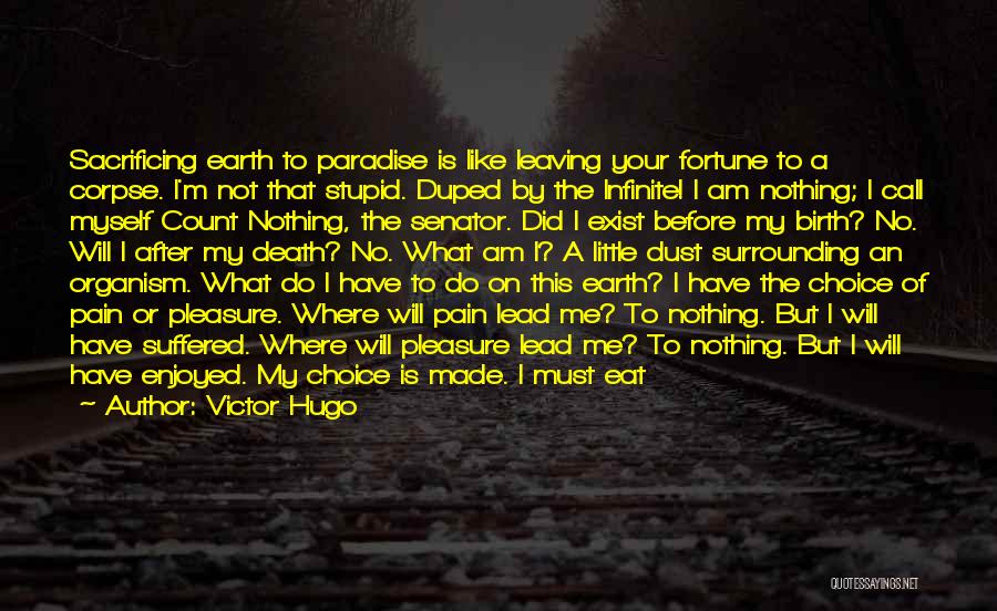 Victor Hugo Quotes: Sacrificing Earth To Paradise Is Like Leaving Your Fortune To A Corpse. I'm Not That Stupid. Duped By The Infinite!