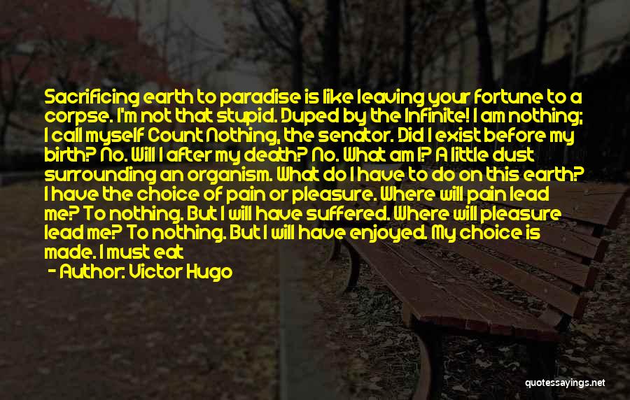 Victor Hugo Quotes: Sacrificing Earth To Paradise Is Like Leaving Your Fortune To A Corpse. I'm Not That Stupid. Duped By The Infinite!