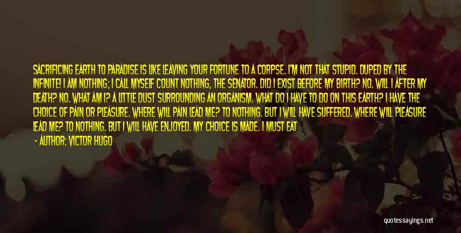 Victor Hugo Quotes: Sacrificing Earth To Paradise Is Like Leaving Your Fortune To A Corpse. I'm Not That Stupid. Duped By The Infinite!