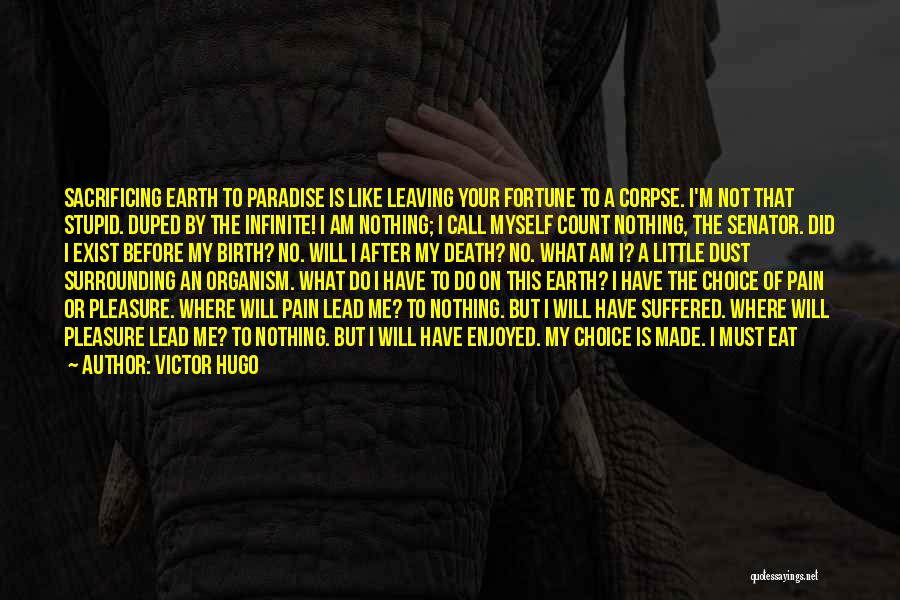 Victor Hugo Quotes: Sacrificing Earth To Paradise Is Like Leaving Your Fortune To A Corpse. I'm Not That Stupid. Duped By The Infinite!