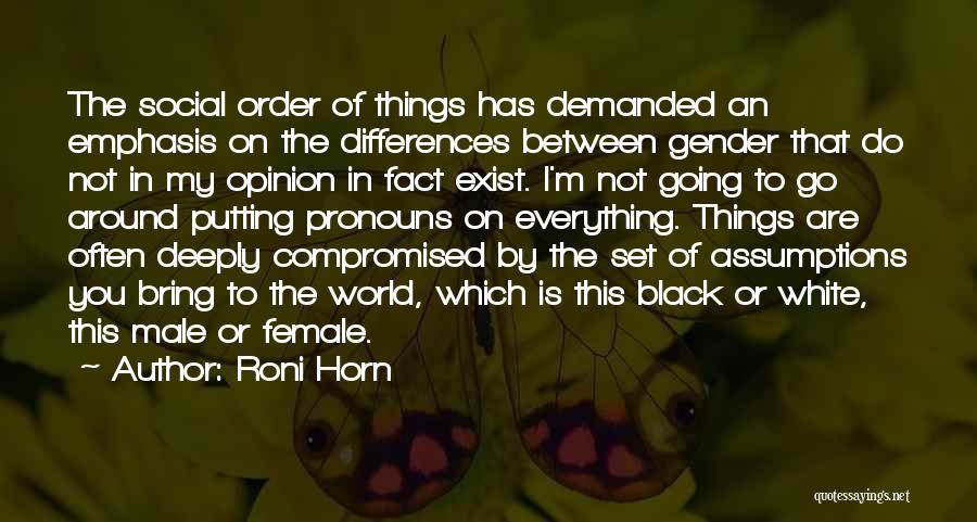 Roni Horn Quotes: The Social Order Of Things Has Demanded An Emphasis On The Differences Between Gender That Do Not In My Opinion