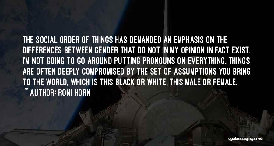 Roni Horn Quotes: The Social Order Of Things Has Demanded An Emphasis On The Differences Between Gender That Do Not In My Opinion