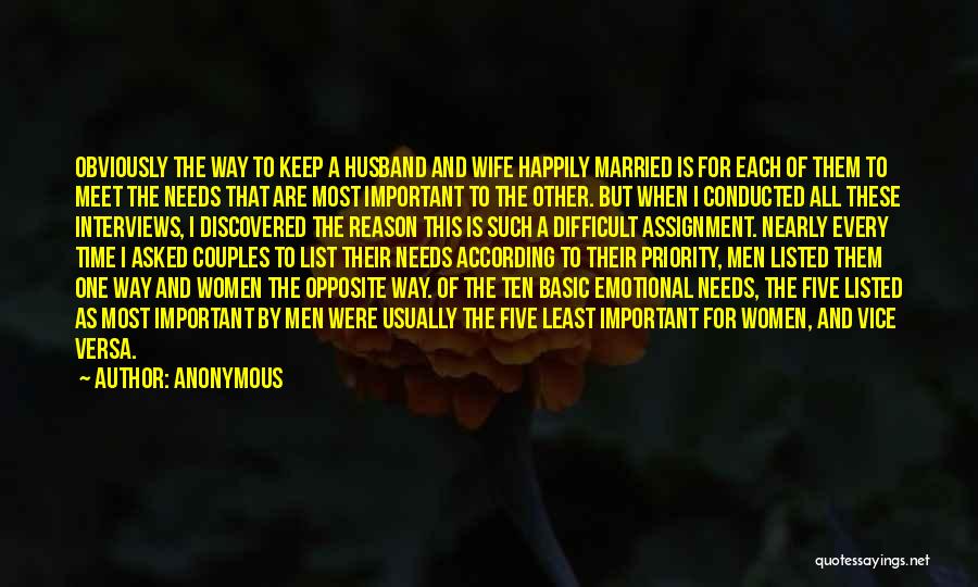 Anonymous Quotes: Obviously The Way To Keep A Husband And Wife Happily Married Is For Each Of Them To Meet The Needs