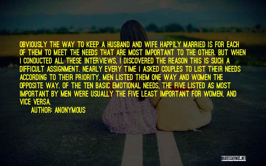 Anonymous Quotes: Obviously The Way To Keep A Husband And Wife Happily Married Is For Each Of Them To Meet The Needs