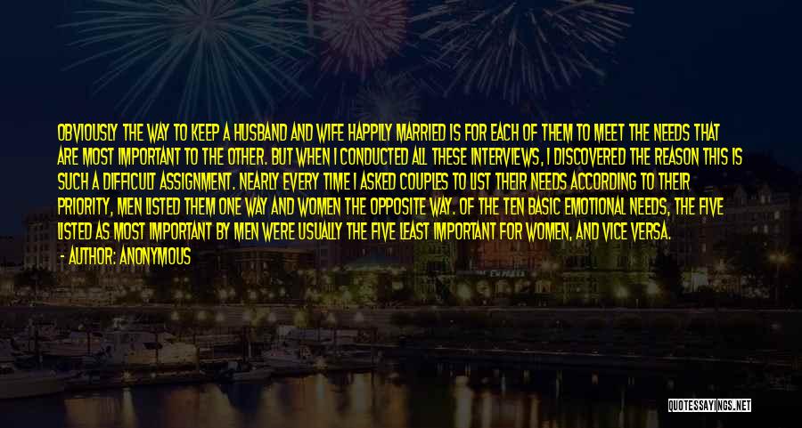 Anonymous Quotes: Obviously The Way To Keep A Husband And Wife Happily Married Is For Each Of Them To Meet The Needs