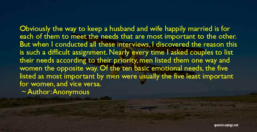 Anonymous Quotes: Obviously The Way To Keep A Husband And Wife Happily Married Is For Each Of Them To Meet The Needs