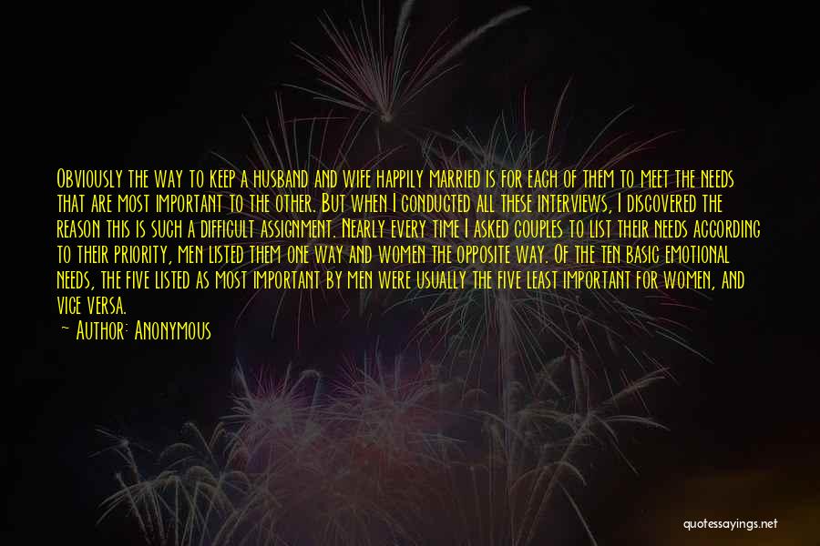 Anonymous Quotes: Obviously The Way To Keep A Husband And Wife Happily Married Is For Each Of Them To Meet The Needs