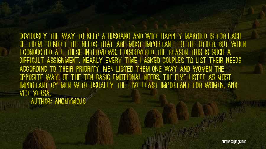 Anonymous Quotes: Obviously The Way To Keep A Husband And Wife Happily Married Is For Each Of Them To Meet The Needs