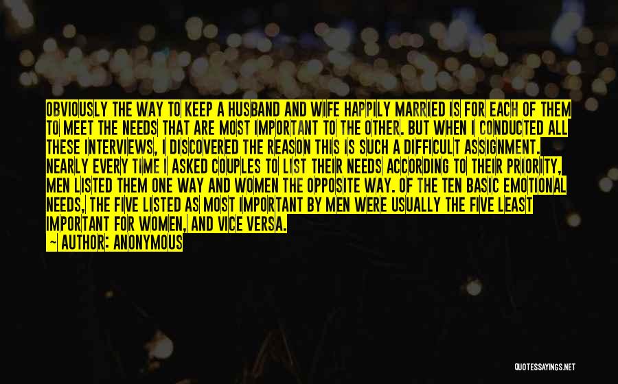 Anonymous Quotes: Obviously The Way To Keep A Husband And Wife Happily Married Is For Each Of Them To Meet The Needs