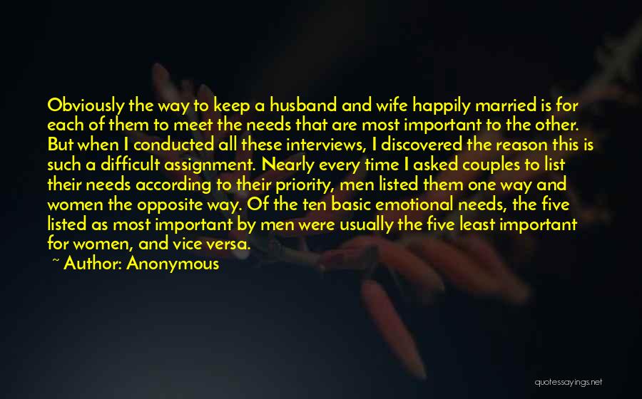 Anonymous Quotes: Obviously The Way To Keep A Husband And Wife Happily Married Is For Each Of Them To Meet The Needs