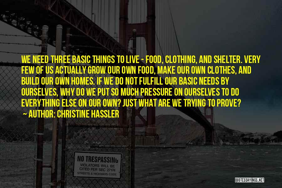 Christine Hassler Quotes: We Need Three Basic Things To Live - Food, Clothing, And Shelter. Very Few Of Us Actually Grow Our Own