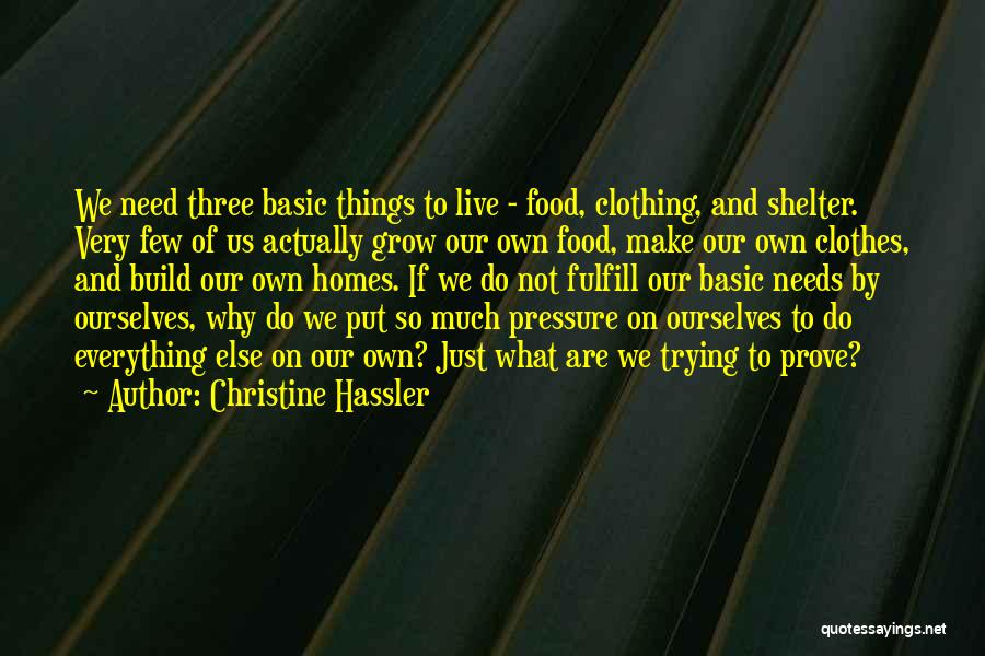 Christine Hassler Quotes: We Need Three Basic Things To Live - Food, Clothing, And Shelter. Very Few Of Us Actually Grow Our Own