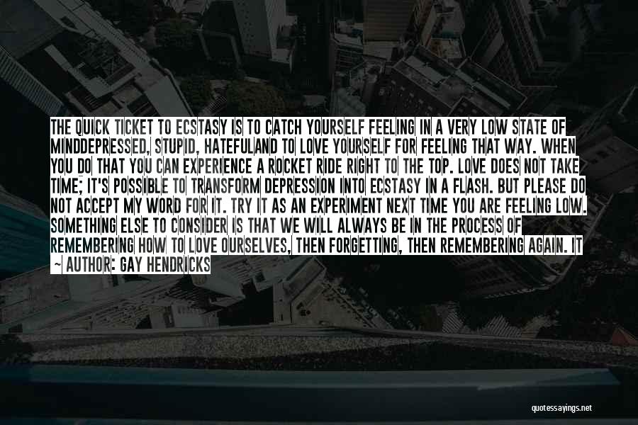 Gay Hendricks Quotes: The Quick Ticket To Ecstasy Is To Catch Yourself Feeling In A Very Low State Of Minddepressed, Stupid, Hatefuland To