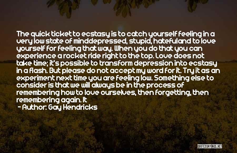 Gay Hendricks Quotes: The Quick Ticket To Ecstasy Is To Catch Yourself Feeling In A Very Low State Of Minddepressed, Stupid, Hatefuland To