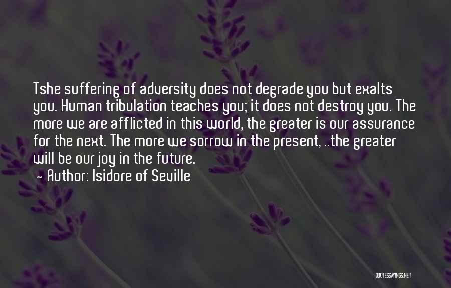 Isidore Of Seville Quotes: Tshe Suffering Of Adversity Does Not Degrade You But Exalts You. Human Tribulation Teaches You; It Does Not Destroy You.