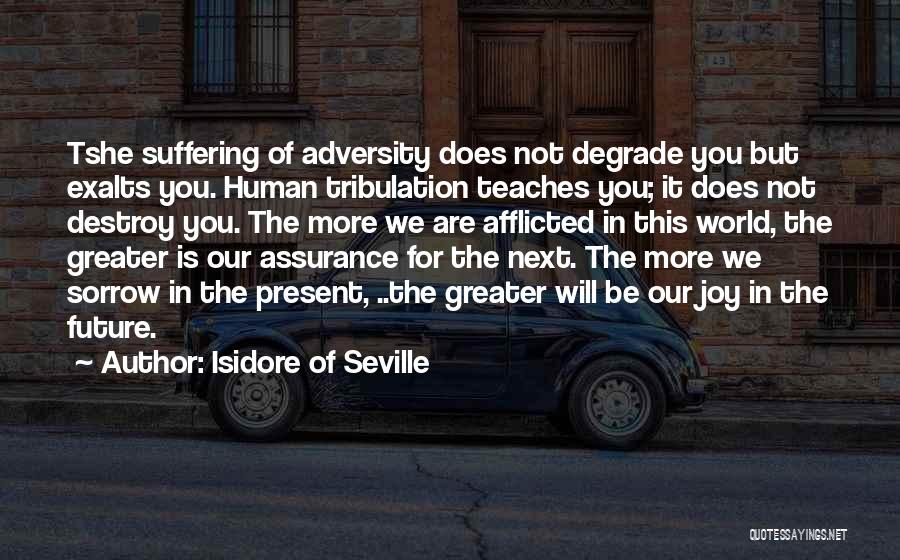 Isidore Of Seville Quotes: Tshe Suffering Of Adversity Does Not Degrade You But Exalts You. Human Tribulation Teaches You; It Does Not Destroy You.