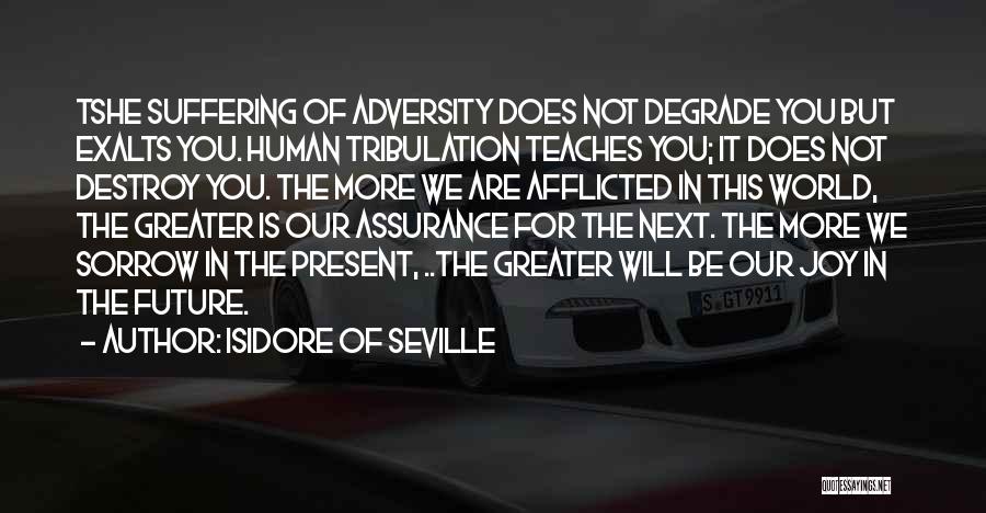 Isidore Of Seville Quotes: Tshe Suffering Of Adversity Does Not Degrade You But Exalts You. Human Tribulation Teaches You; It Does Not Destroy You.