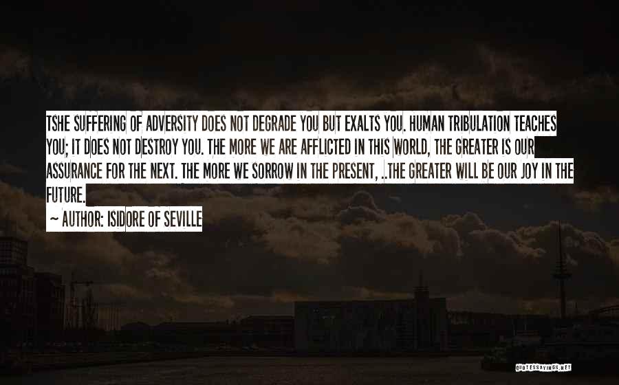 Isidore Of Seville Quotes: Tshe Suffering Of Adversity Does Not Degrade You But Exalts You. Human Tribulation Teaches You; It Does Not Destroy You.