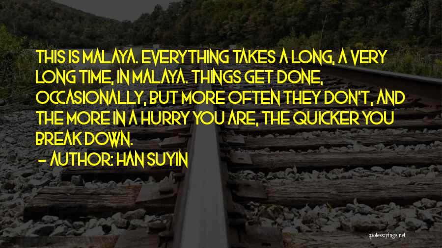 Han Suyin Quotes: This Is Malaya. Everything Takes A Long, A Very Long Time, In Malaya. Things Get Done, Occasionally, But More Often