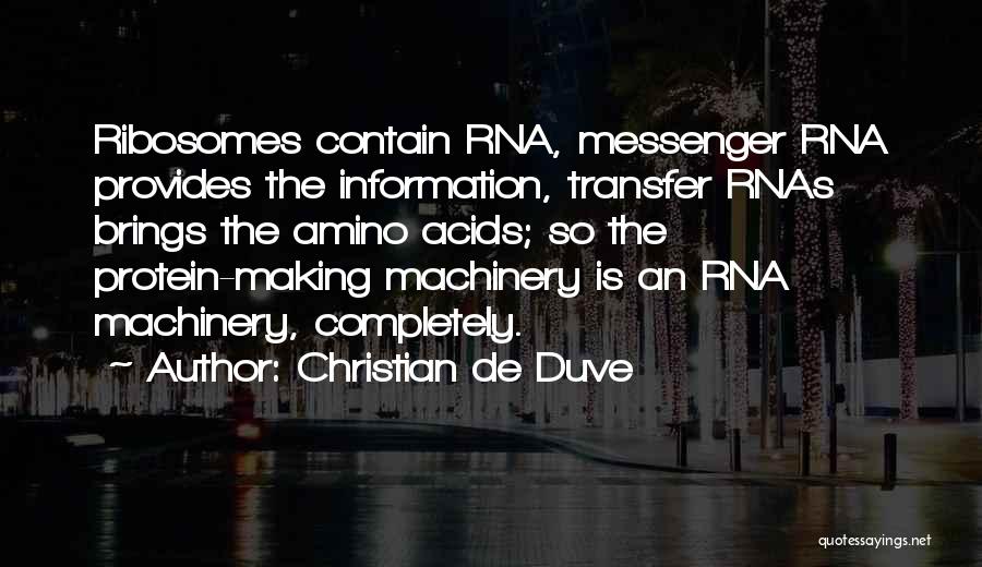 Christian De Duve Quotes: Ribosomes Contain Rna, Messenger Rna Provides The Information, Transfer Rnas Brings The Amino Acids; So The Protein-making Machinery Is An