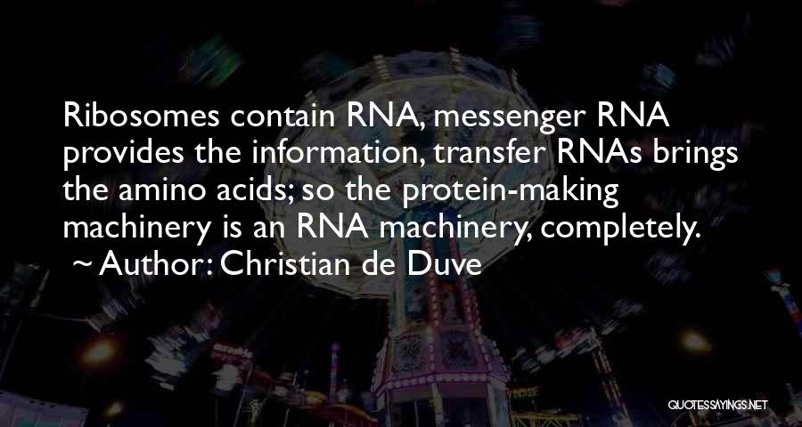 Christian De Duve Quotes: Ribosomes Contain Rna, Messenger Rna Provides The Information, Transfer Rnas Brings The Amino Acids; So The Protein-making Machinery Is An