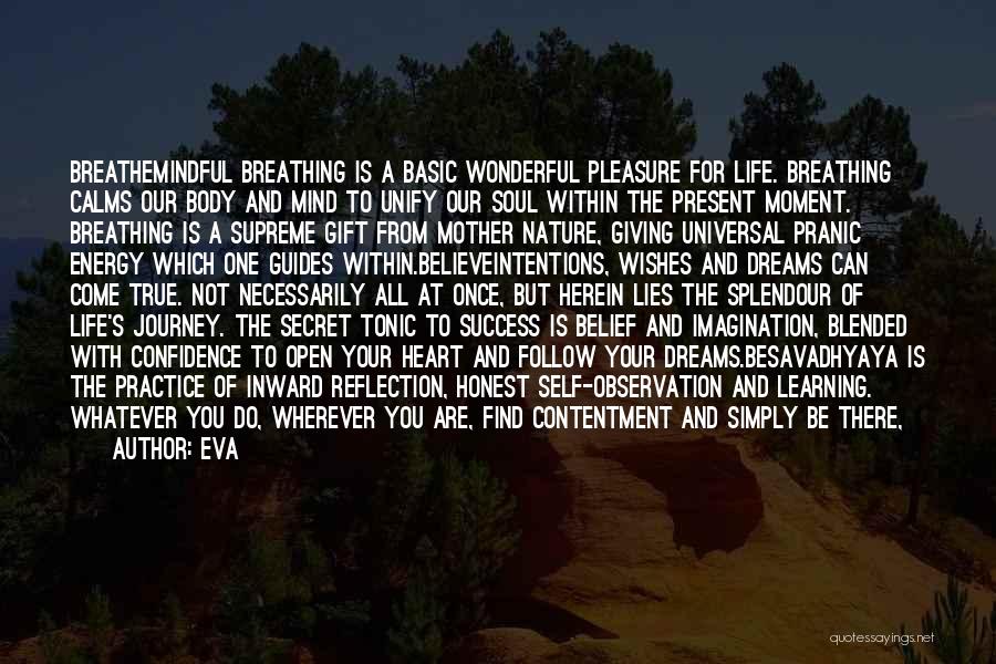 Eva Quotes: Breathemindful Breathing Is A Basic Wonderful Pleasure For Life. Breathing Calms Our Body And Mind To Unify Our Soul Within