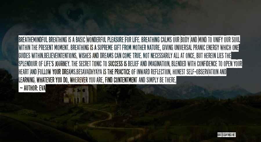 Eva Quotes: Breathemindful Breathing Is A Basic Wonderful Pleasure For Life. Breathing Calms Our Body And Mind To Unify Our Soul Within