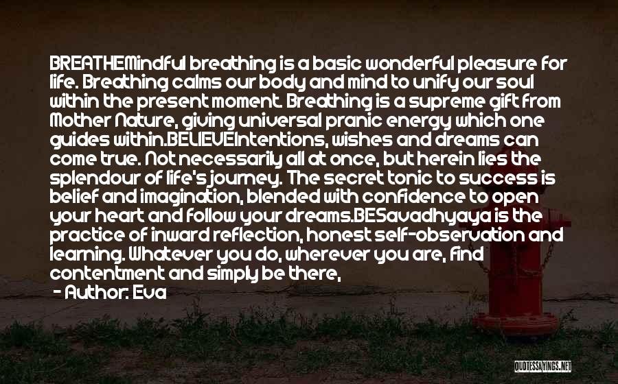 Eva Quotes: Breathemindful Breathing Is A Basic Wonderful Pleasure For Life. Breathing Calms Our Body And Mind To Unify Our Soul Within