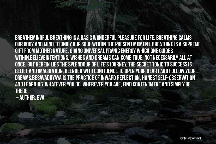 Eva Quotes: Breathemindful Breathing Is A Basic Wonderful Pleasure For Life. Breathing Calms Our Body And Mind To Unify Our Soul Within