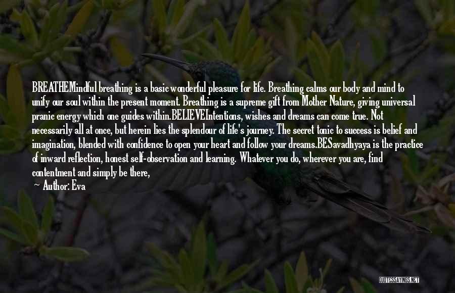 Eva Quotes: Breathemindful Breathing Is A Basic Wonderful Pleasure For Life. Breathing Calms Our Body And Mind To Unify Our Soul Within