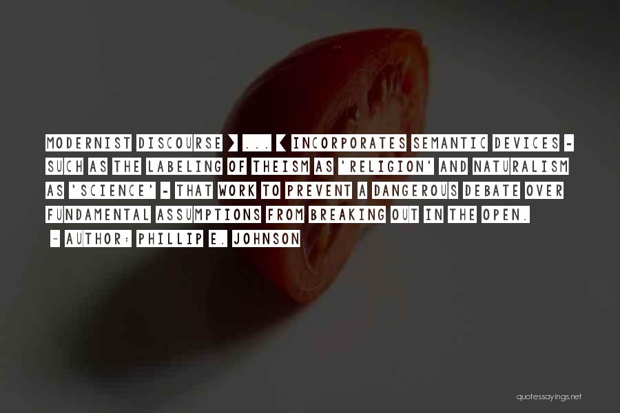 Phillip E. Johnson Quotes: Modernist Discourse [ ... ] Incorporates Semantic Devices - Such As The Labeling Of Theism As 'religion' And Naturalism As