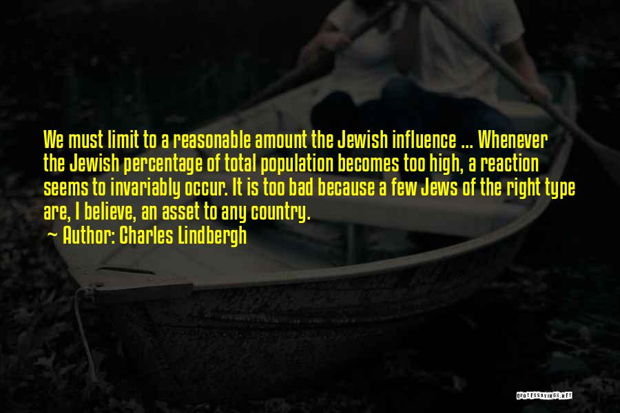 Charles Lindbergh Quotes: We Must Limit To A Reasonable Amount The Jewish Influence ... Whenever The Jewish Percentage Of Total Population Becomes Too