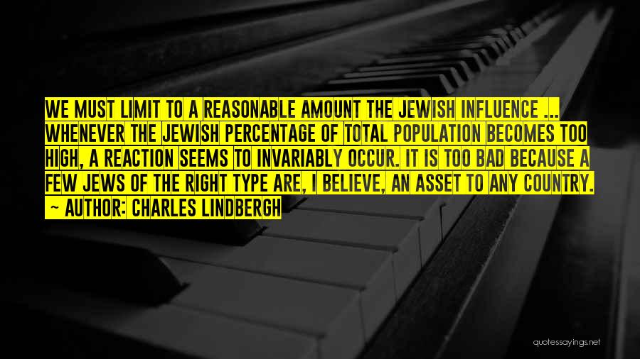 Charles Lindbergh Quotes: We Must Limit To A Reasonable Amount The Jewish Influence ... Whenever The Jewish Percentage Of Total Population Becomes Too