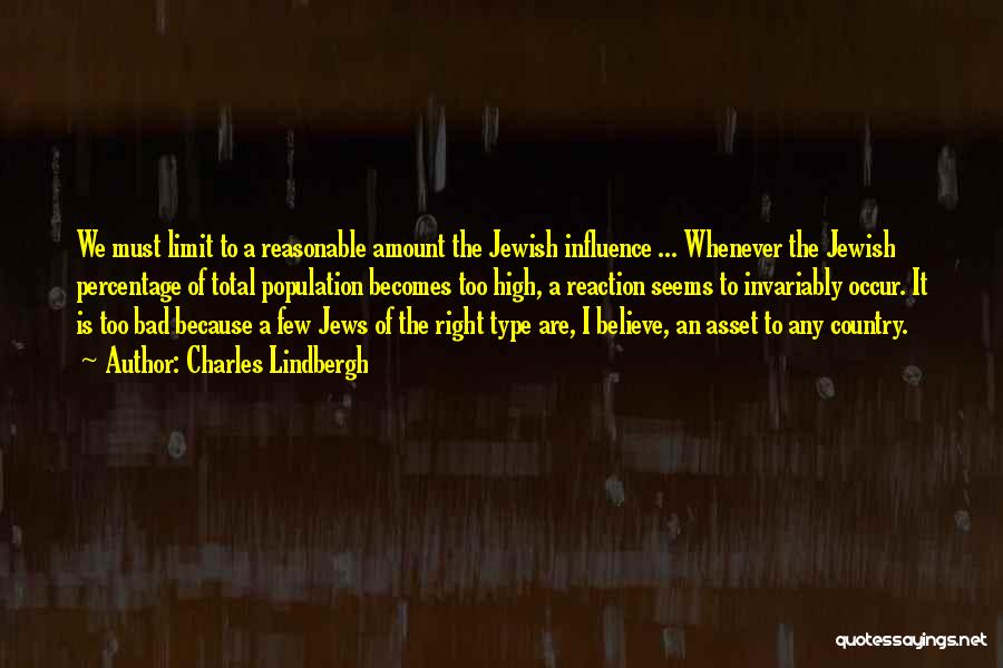 Charles Lindbergh Quotes: We Must Limit To A Reasonable Amount The Jewish Influence ... Whenever The Jewish Percentage Of Total Population Becomes Too